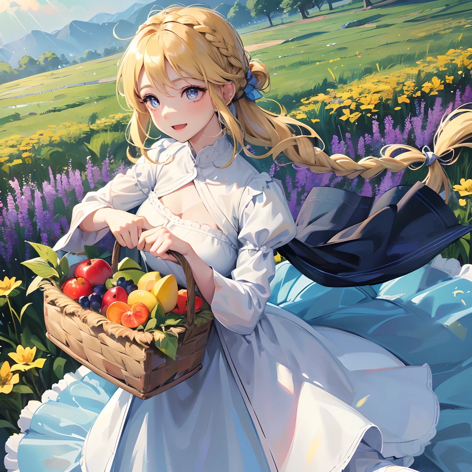 finest image, cute female, pick the fruits and put them in the basket, laugh, happy, shy, light blonde glossy updo braided iridescent hair style, sparkling blue big eyes, great proportion, medieval dress, background meadow on the hill, clear skies, sun and sunlight, rain and raindrops, professional lighting
