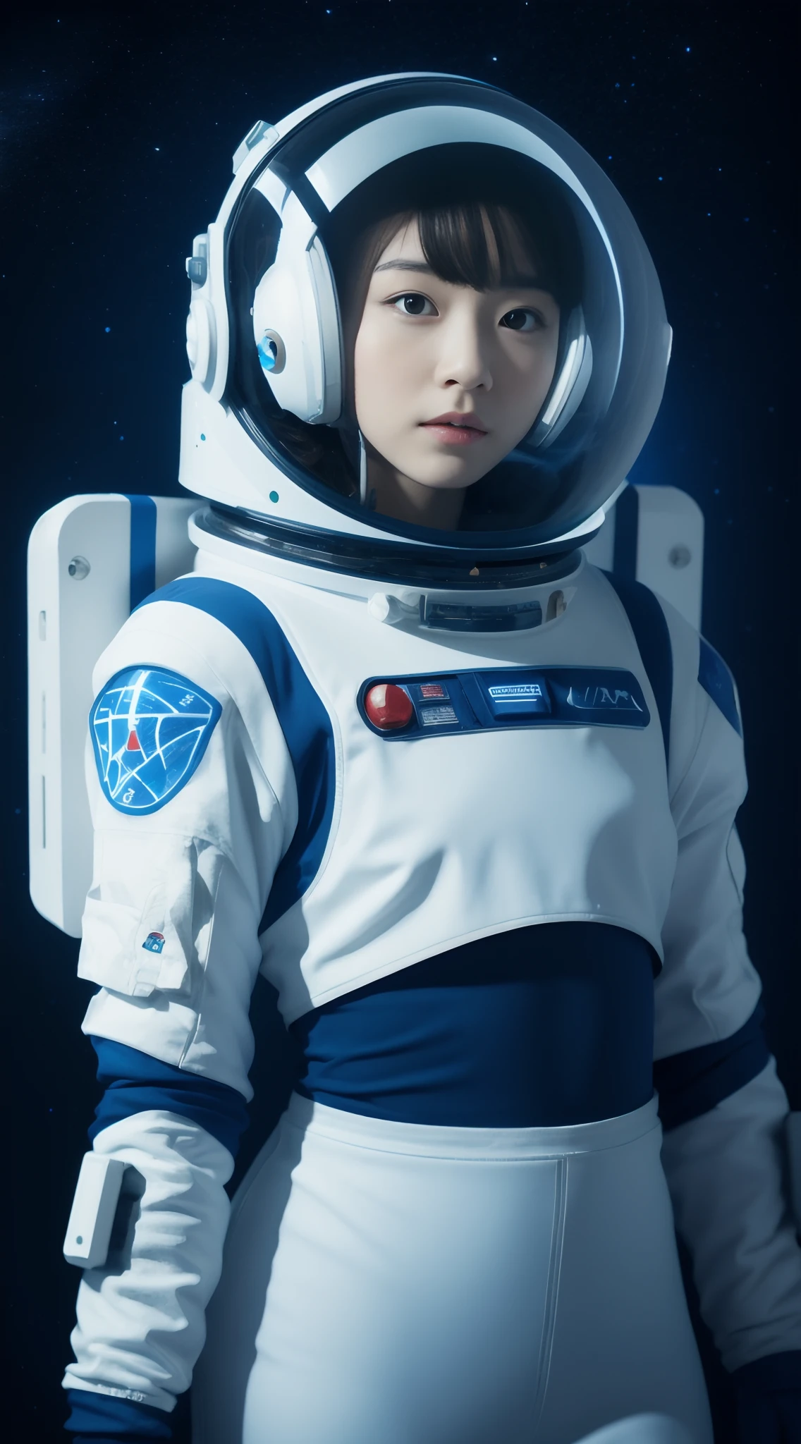 Alafed woman in white spacesuit standing on space station, beautiful woman in spacesuit, portrait anime space cadet girl, portrait armored astronaut girl, portrait beautiful sci - fi girl, scifi woman, inspired by Leng Mei, in space suit, scifi woman, in a space cadet outfit, sci - fi look, girl in space