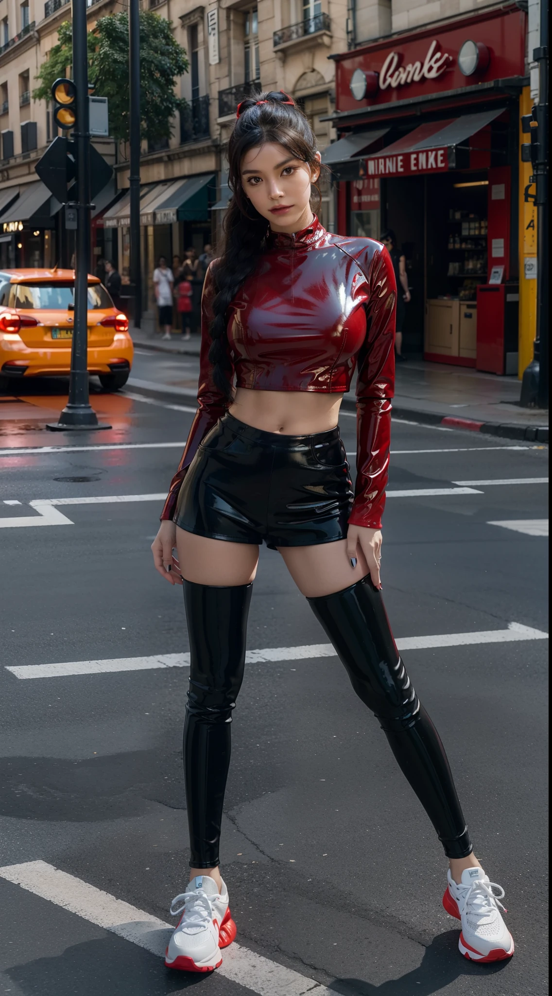 unreal engine:1.4,UHD,Best quality:1.4, photorealistic:1.4, skin texture:1.4, masterpiece:1.8, Miraculous: Tales Of Ladybug & Cat Noir, Miraculous, Cat Noir, medium brest, posing behind Ladybug, very sensual, with funkeira clothes, Brazilian, in the city apocalyptic cyberpunk, Paris , funk dance, rolling, big, thick legs, Wear latex red bodysuit, showing a piece of, Micro Corto Curto, wear a mini blouse, navel with piercings, Nike sneakers, Long hair, Speaker behind, Red miniskirt, full body, beautiful fine hands,