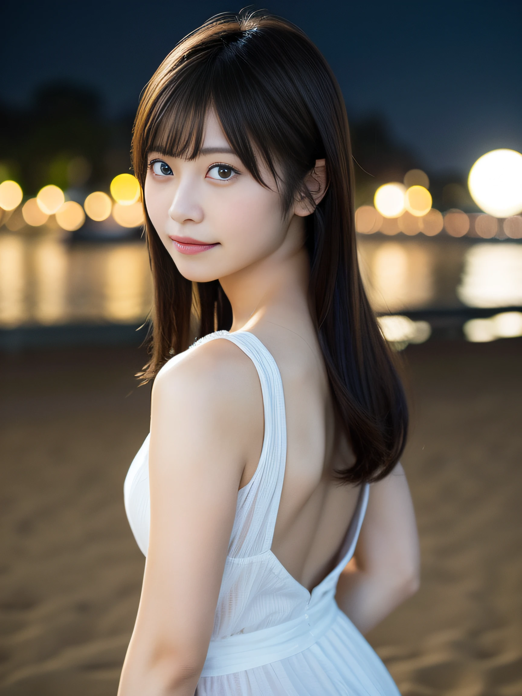 in 8K,Best Quality:1.4, 超A high resolution:1.5, (Photorealistic:1.4),​masterpiece:1.2,(top-quality:1.4)、 Raw photo、 (the background is blurred), sea side, sand beach, 1日本人の女の子, Cute, (Solo:1.4), (Shy smile), Smooth skin、White Dress、 (Brown medium hair,Bangs), (touch hair:1.4),nogizaka,,Supple fingertips,Beautiful black eyes、dual、natural skin textures:1.3, realistic eyes and face details:1.7、middlebreasts、Moon Night、Gravure Pose：1.1、Toned buttocks:1.5、gazing at viewer、harvest moon、fullmoon、illuminated by the moonlight、mystic atmosphere