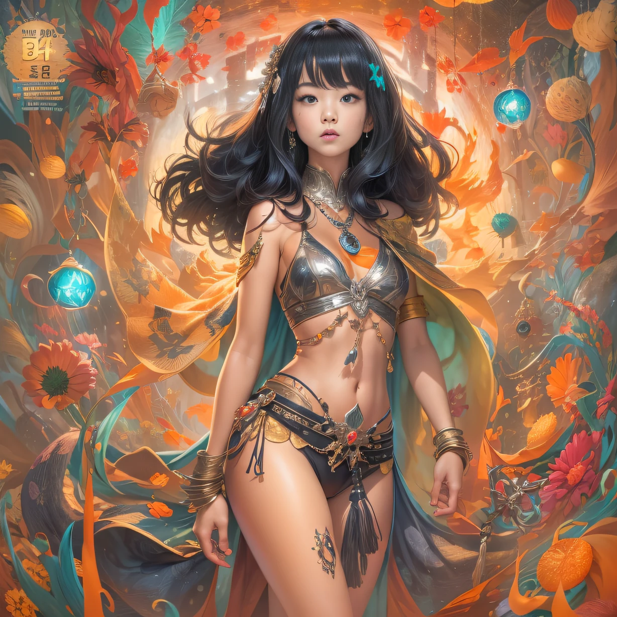 (Girl with bright black hair)(Best quality, A high resolution, Vivid colors, (Cartoon Goddess), (comic strip))Forged hammer pattern,Wear silver bikini fringed shorts and a tassel necklace
,oguchi,sedate,massiness,Shiny and warm,Flowing silk cape