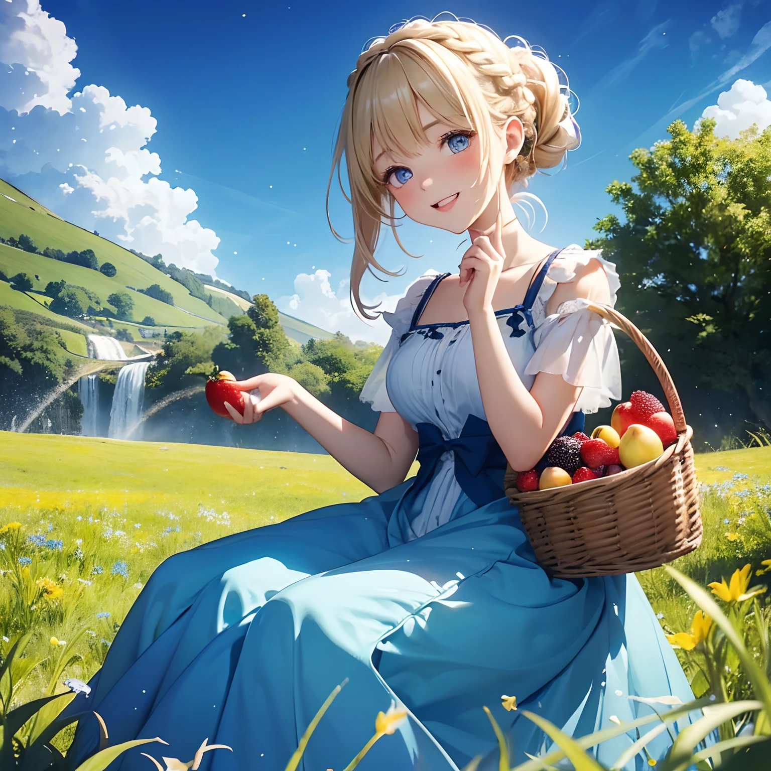 finest image, cute female, pick the fruits and put them in the basket, laugh, happy, shy, light blonde glossy updo braided iridescent hair style, sparkling blue big eyes, great proportion, medieval dress, background meadow on the hill, clear skies, sun and sunlight, rain and raindrops, professional lighting