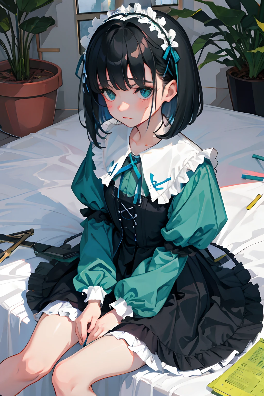 hand between legs，，（​masterpiece，Highest Quality），shortsleeves，Blue-green Gothic Lolita，Sleepy face，A dark-haired，Medium bob，utility knife