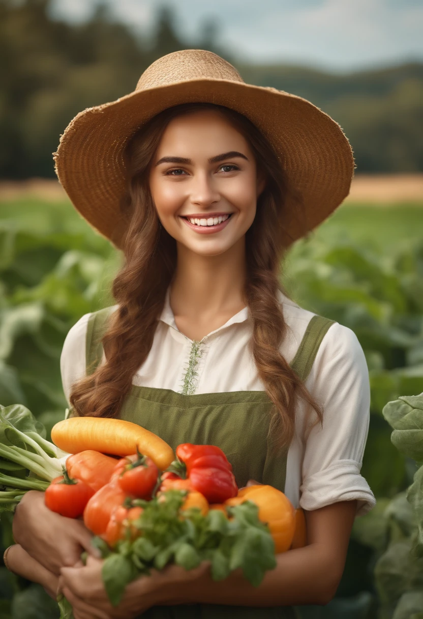Young farmer, vegetable plantation, hyper realistic, typical country dress, sweet features and smiling with loose hair on a sunny day.