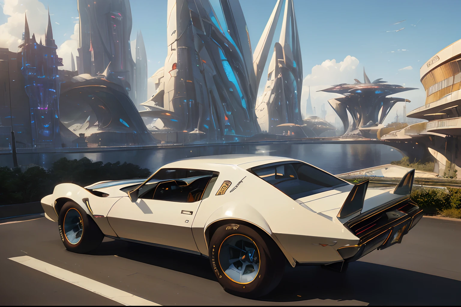 Fantasy, ((Futuristic architecture)), ((In the style of Greg Rutkowski)), (Advanced technology), ((retrofuturism)): A supersonic Pontiac Firebird Trans Am, with a retro 70's-inspired design, soaring through a futuristic cityscape. Sleek and curvy lines of the vehicle coupled with advanced propulsion technology create a unique blend of old and new.