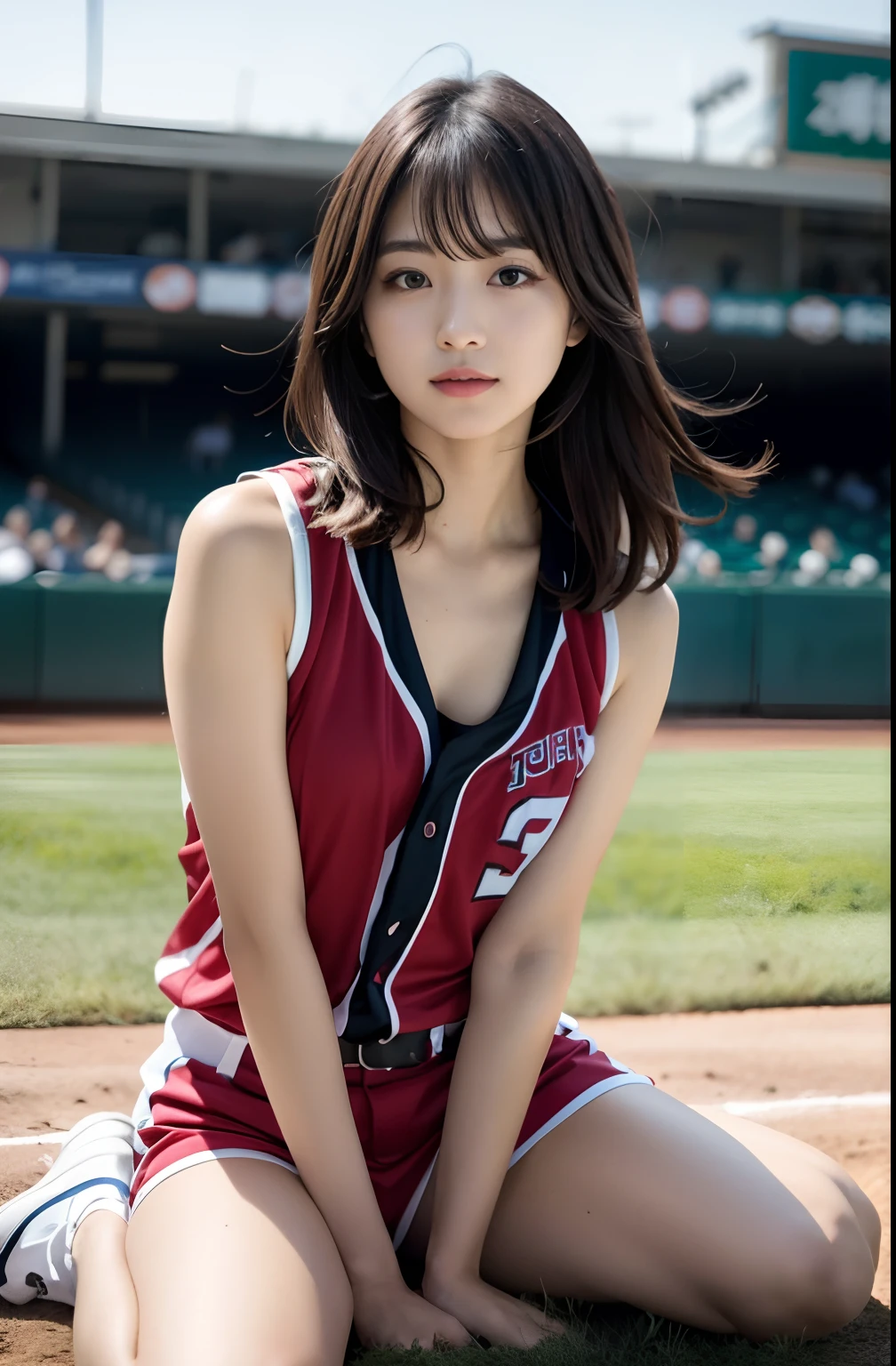 (8K, Raw photo, top-quality, ​masterpiece: 1.2), ​masterpiece, super detailing, Ultra-high decomposition energy A, (Realistic and realistic photos: 1.37), high-definition RAW color photography, Very delicate and beautiful., About Igree, 8K Wallpaper, astonishing, detaileds, extremely detailed eye, highlydetailed skin, extremely detailed fingers, highly detailed nose, highly detail mouth, perfect anatomia,1girll, (Baseball Uniforms), hazy, blured background, Blurred foreground, blush, braid, pectoral muscles, depth of fields, eyebrows visible through hair, Frild, hair between eye, Baseball Stadium, jewely, look up at viewer, Short hair, Sitting, Solo, Colossal tits、乃木坂アイドル、韓国アイドル、hposing Gravure Idol、 Star、18year old、tall、韓国アイドル、乃木坂アイドル、 Star、hposing Gravure Idol、((full body Esbian)), ((Gravure Pose))