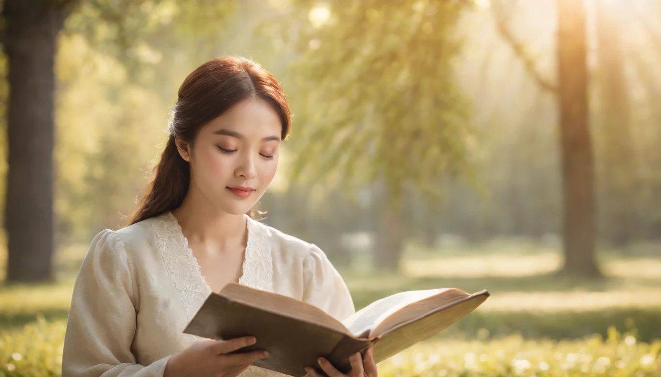 (Best Quality,Ultra-detailed,realisitic:1.37),portrait of a,Korean men and women reading the Bible,Oil Painting,Cathedral attire, View of the cathedral in the distance,Peaceful garden scene,Soft sunlight,tranquil expression,wisdom,Bible Quotes,vibrant colours,delicate brushwork,subtle textures,lush greenery,Contemplative atmosphere,Beautiful picture book,Highlighted features:Eyes in focus,gentle smiling,Graceful posture,Sunlight shining through the trees,rays,Quiet surroundings,serene ambiance,A Blessed Moment