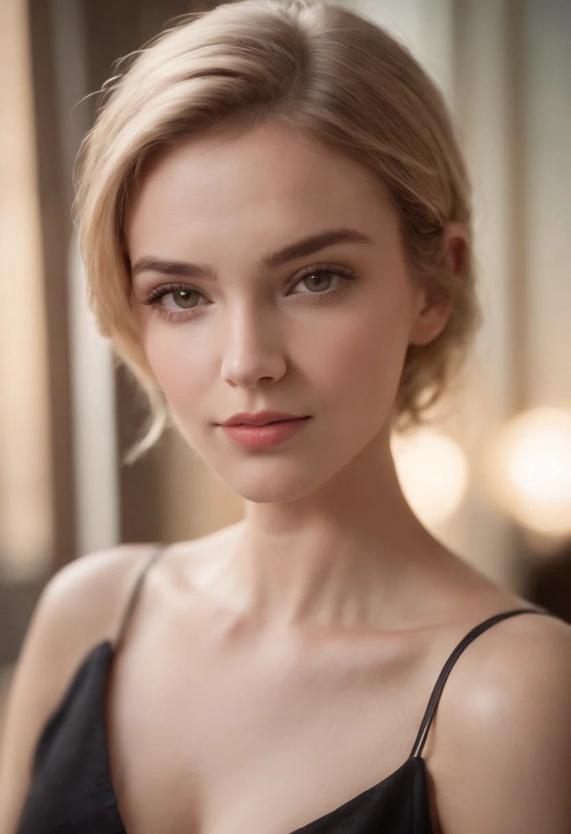 professional, (4k photo:1.1) by (Jeremy Lipking:0.3), (Dittmann Anna:0.3), (Arian Mark:0.3), (Sharp focus:1.3), high detail, wearing (tight shirt:1.2), beautiful detailed face, hazel eyes, short blonde hair, (attractive young woman:1.3), (seductive:1.1), (blushing:1.1), hourglass body shape, natural breasts, wide hips