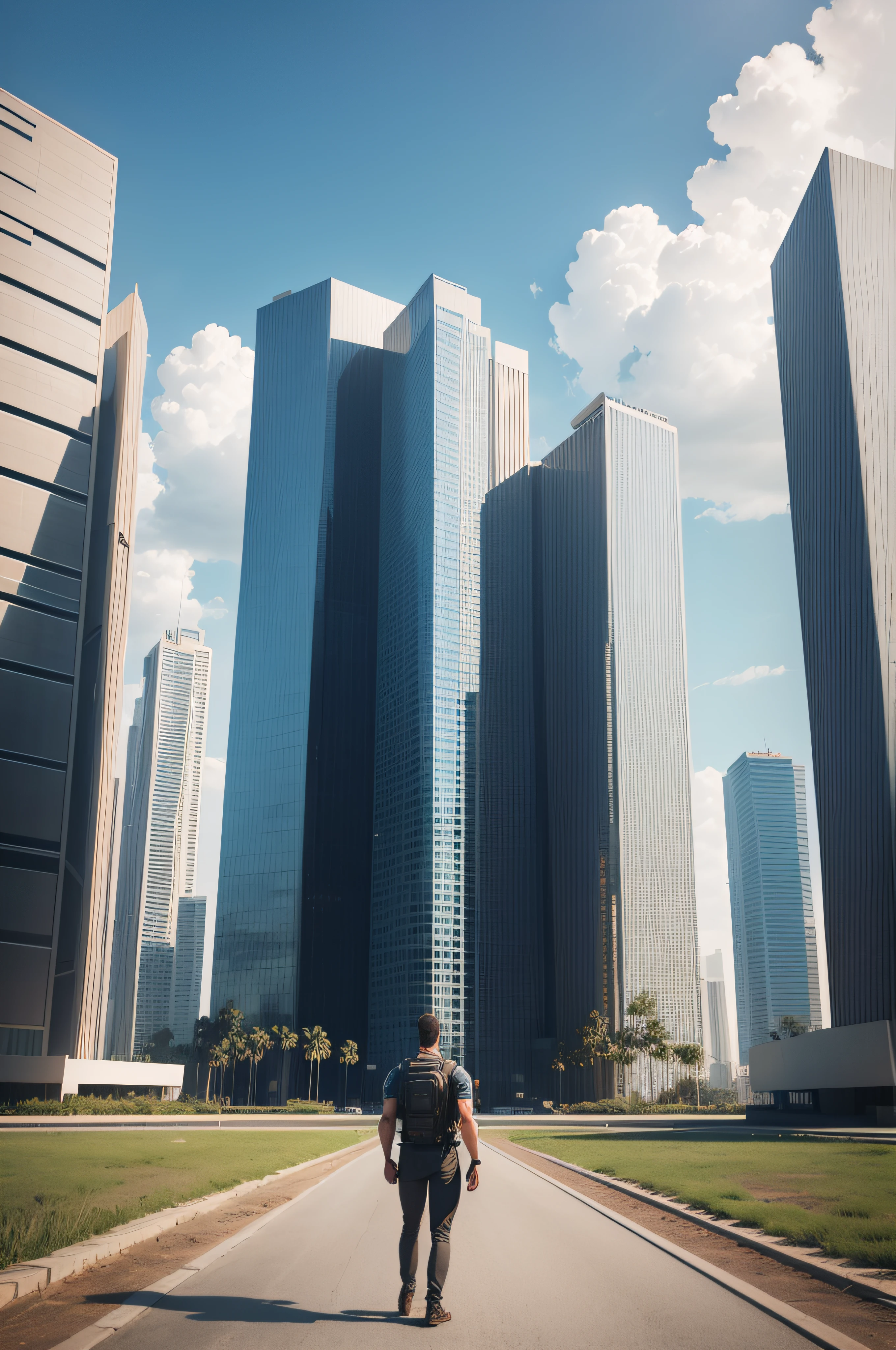 Image of a strong man standing seen from the front in ultra realistic professional render and behind him a complex of 3 secret high-tech buildings hidden in the middle of the Brazilian Amazon jungle and that have ultra futuristic satellite dishes, pista de pouso e decolagem de aeronaves futuristas, pessoas com uniformes andando ao fundo pela base, vista em primeira pessoa, Ultra-realistic rendering of textures of 3 futuristic buildings, pintura digital brilhante ultra realista, obra prima, cenario, 8k ultra realista.