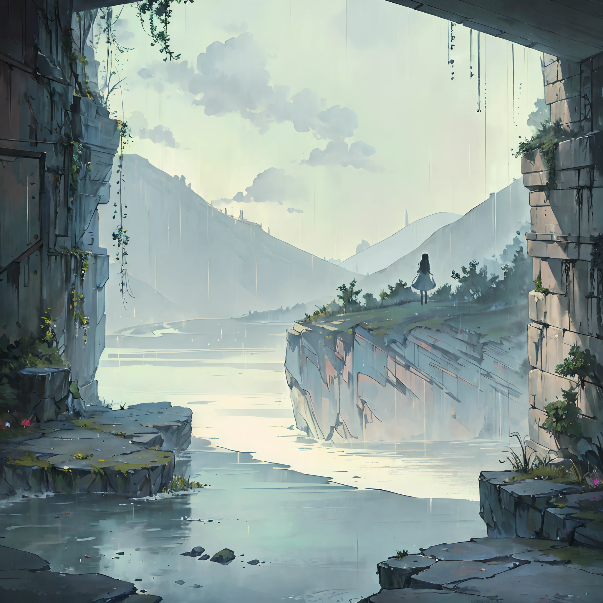 Stone corridor outside the cliff,Vista of an artificial lake,The girl with big breasts stood at the edge of the corridor,Gaze at the view outside,Heavy rainy days,