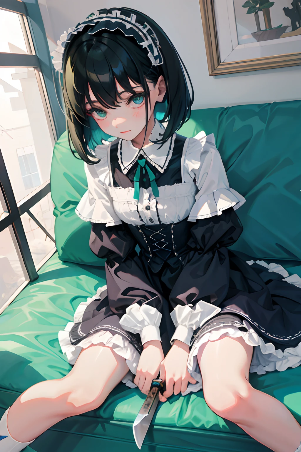 hand between legs，child，（​masterpiece，Highest Quality），shortsleeves，Blue-green Gothic Lolita，Sleepy face，A dark-haired，Medium bob，utility knife