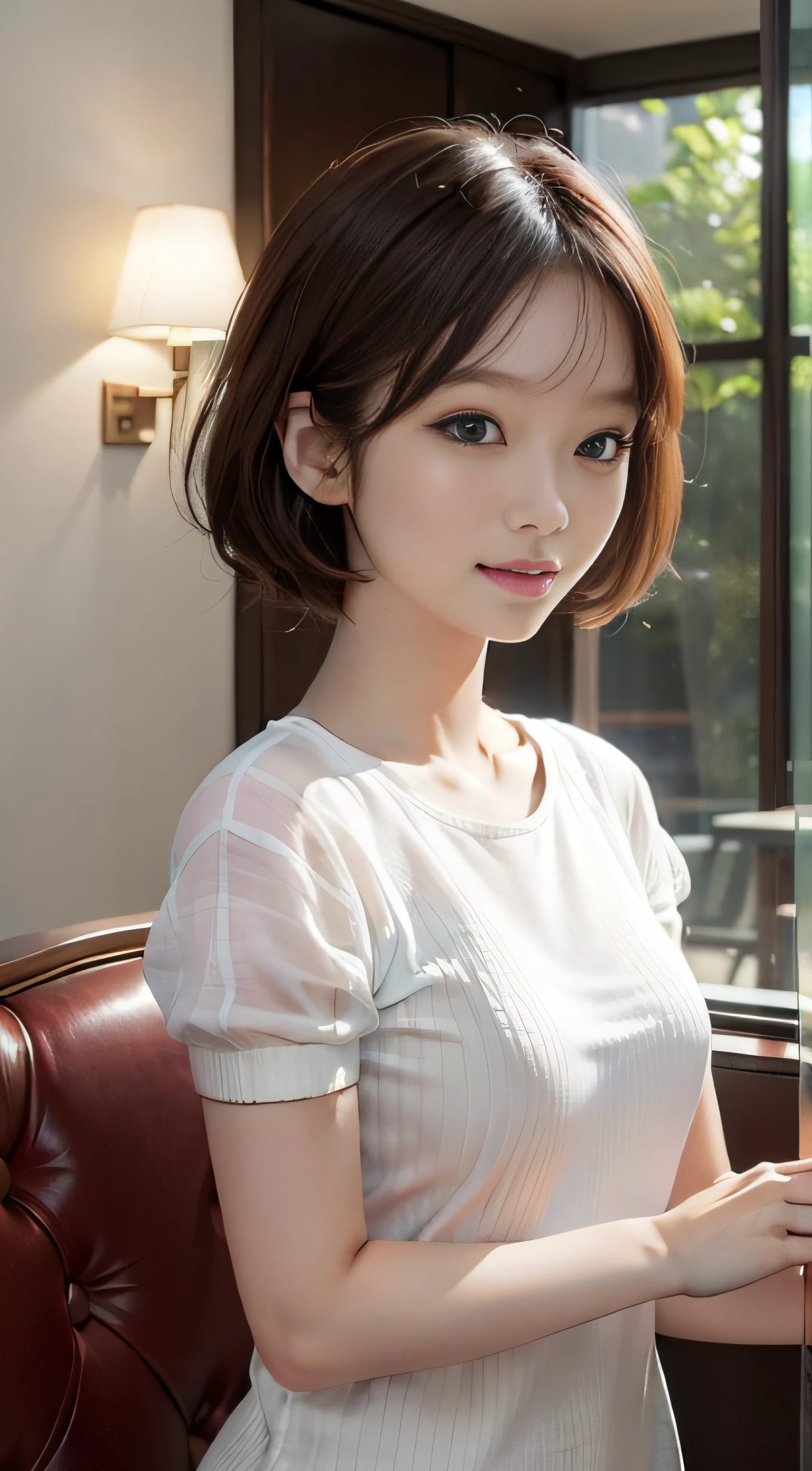 masterpiece、Top image quality:1.2、((beautiful young woman with))、Transparent skin:1.2、{A slight smil}、(kawaii)、Short sleeve knit、luxury hotel、depth of fields