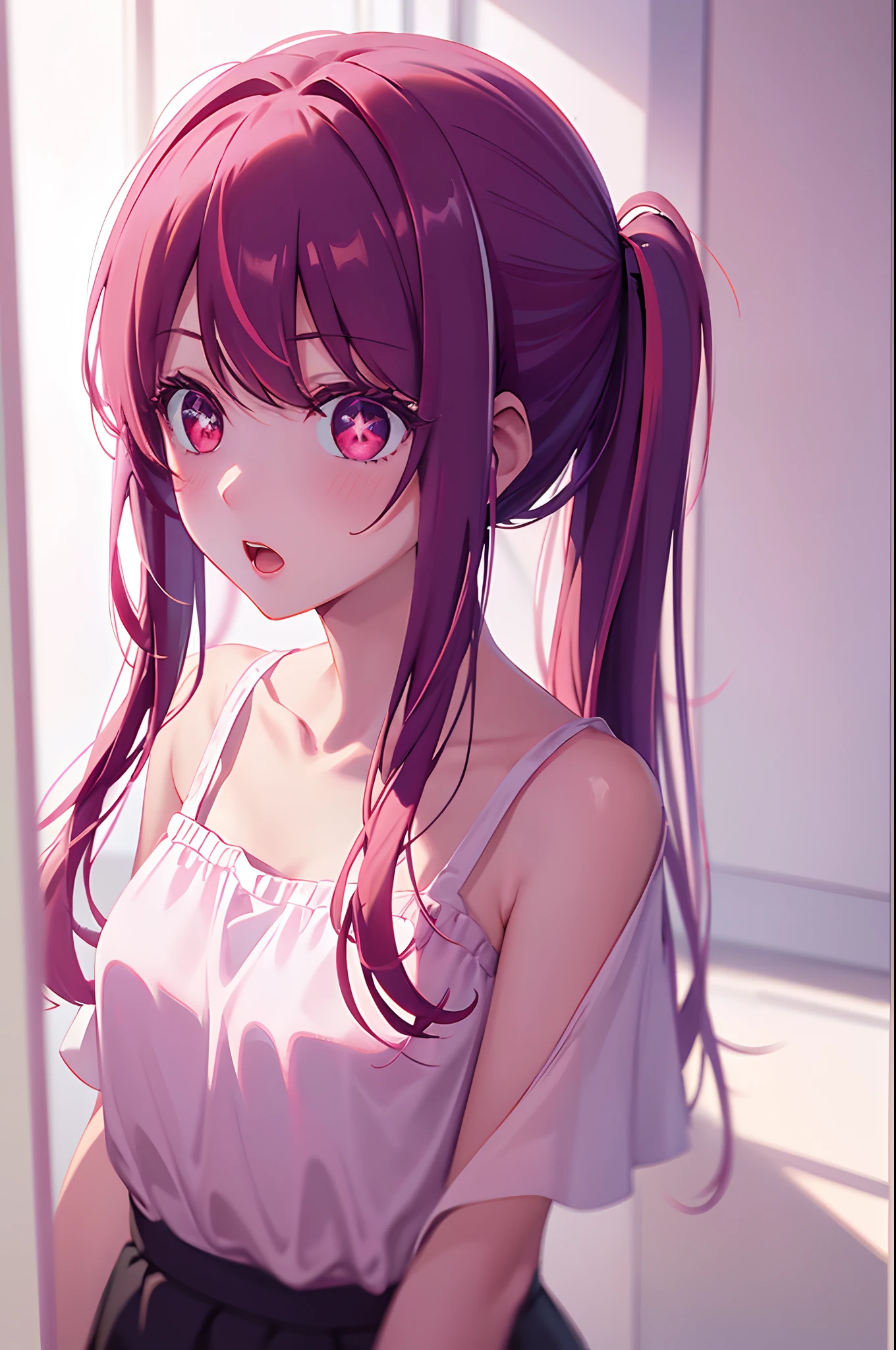 glowart: 1.0), (bright, sketch, drawing: 1.0), 1girl, bangs, red eyes bright relucent light in hair, blush, collarbone, hair between eyes, long hair, looking at viewer, bra, open mouth, pink hair, portrait, shiny, shiny hair, side ponytail,