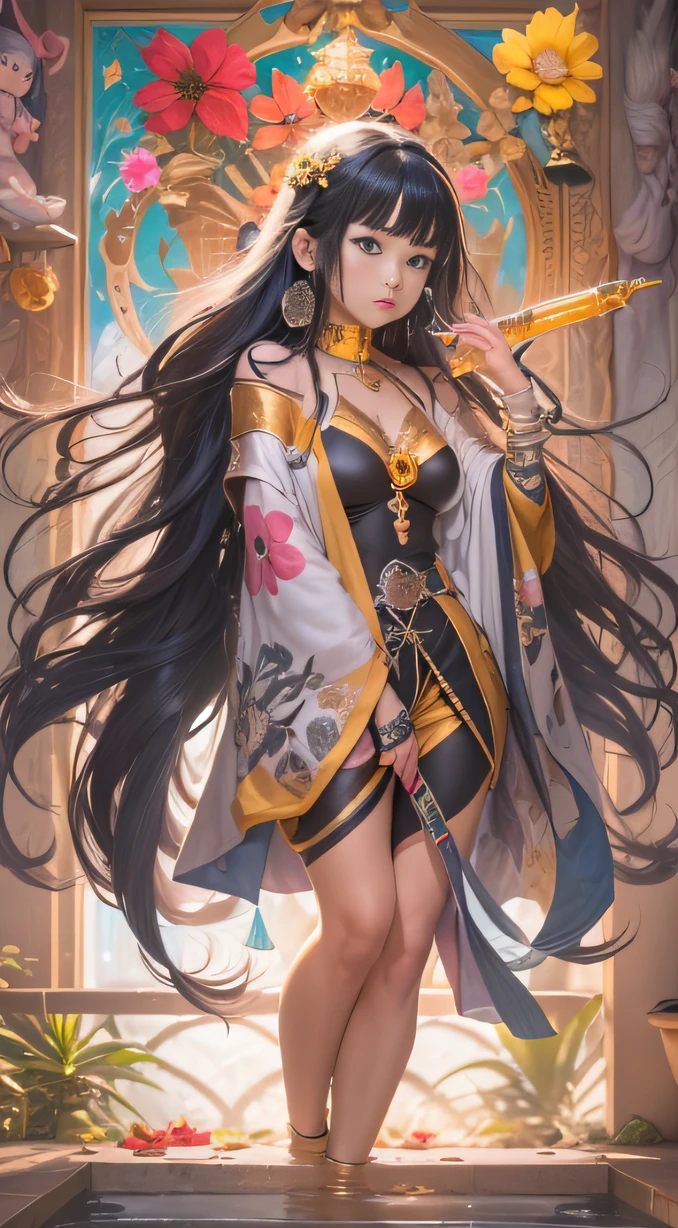 (Girl with bright black hair)(Best quality, A high resolution, Vivid colors, (Cartoon Goddess), (comic strip))Forged hammer pattern,Wear silver bikini fringed shorts and a tassel necklace
,oguchi,sedate,massiness,Shiny and warm,Flowing silk cape,Linen waist large flower bath towel