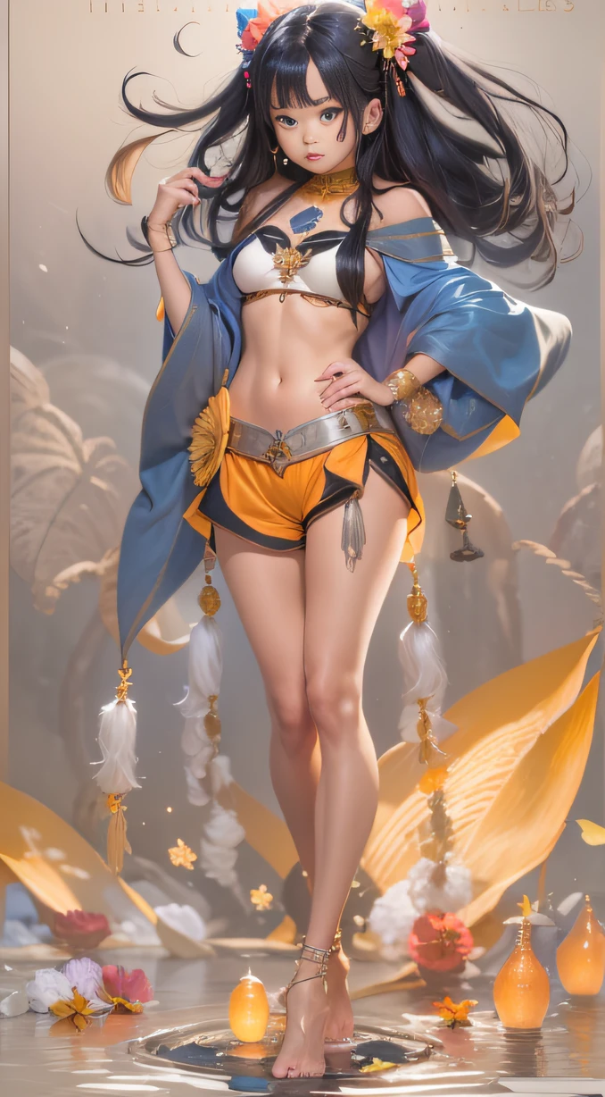(Girl with bright black hair)(Best quality, A high resolution, Vivid colors, (Cartoon Goddess), (comic strip))Forged hammer pattern,Wear silver bikini fringed shorts and a tassel necklace
,oguchi,sedate,massiness,Shiny and warm,Flowing silk cape,Linen waist large flower bath towel