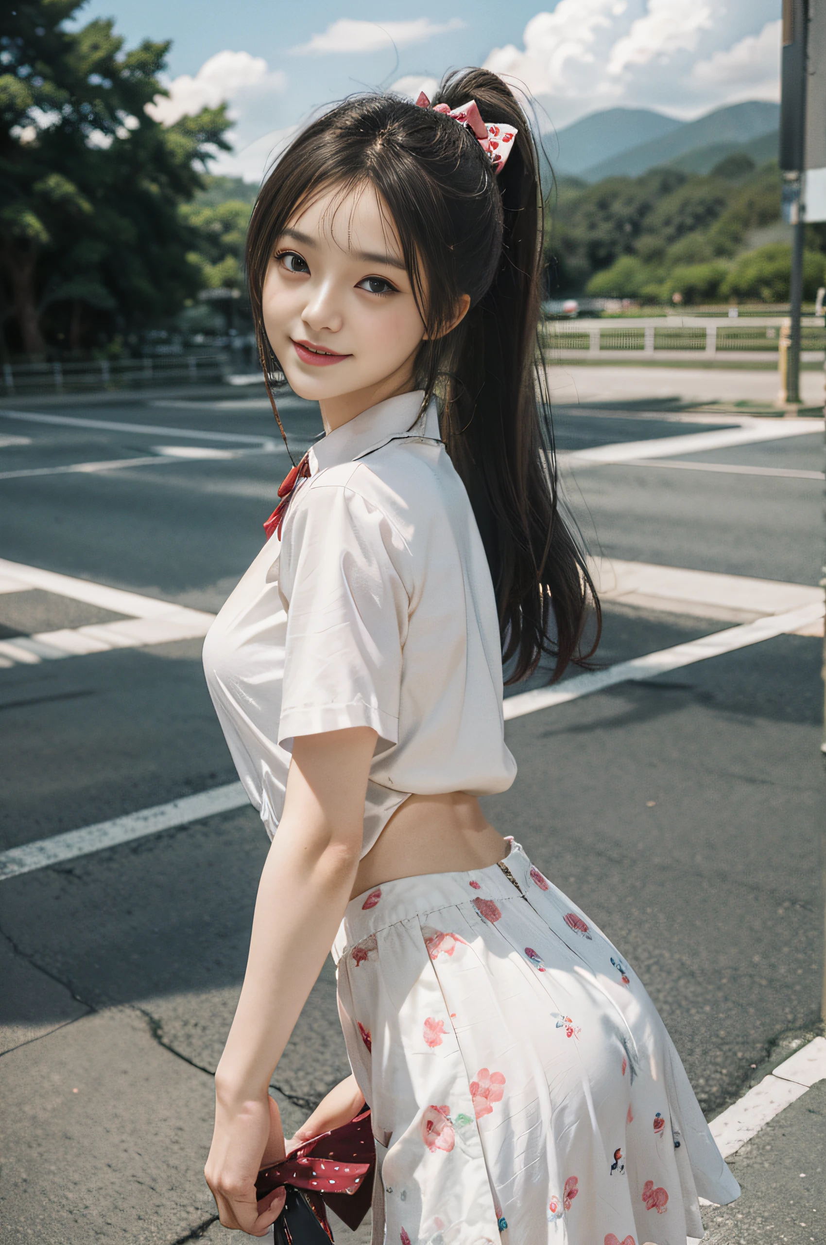 Top image quality、超A high resolution、masutepiece、Photoquality(photographrealistic:1.8)、Delicate skin texture、accuracy、Japan women、17 age、Girl Smile、A dark-haired、Cute dimples、Non-makeup、Tie a ponytail with a red ribbon、Slender girl、Black US bowling shirt、Circular skirt with polka dots、The skirt is twisted by the wind、Dancing Twist、Ryokuchi Park、lawn、blue open sky、white clouds、Midsummer Sun、With smiling eyes、Have a pleasant chat、laughing out loud、