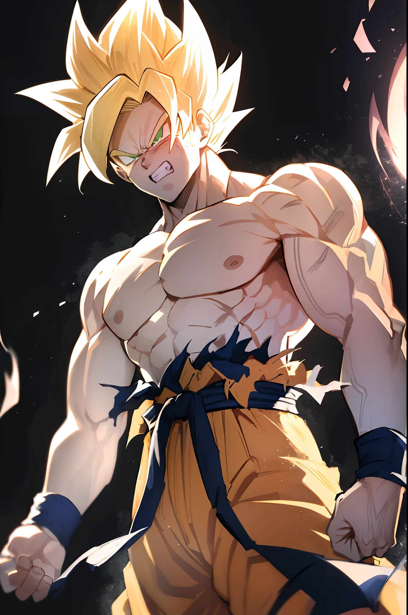 son goku, 1boy, angry, battle damage, blonde hair, blue sash, clenched teeth, furious, green eyes, male focus, muscular, muscular male, pectorals, sash, solo, spiked hair, super saiyan, super saiyan 1, teeth, topless male, torn clothes, wristband, ((masterpiece)) <lora:son_goku_offset:1>