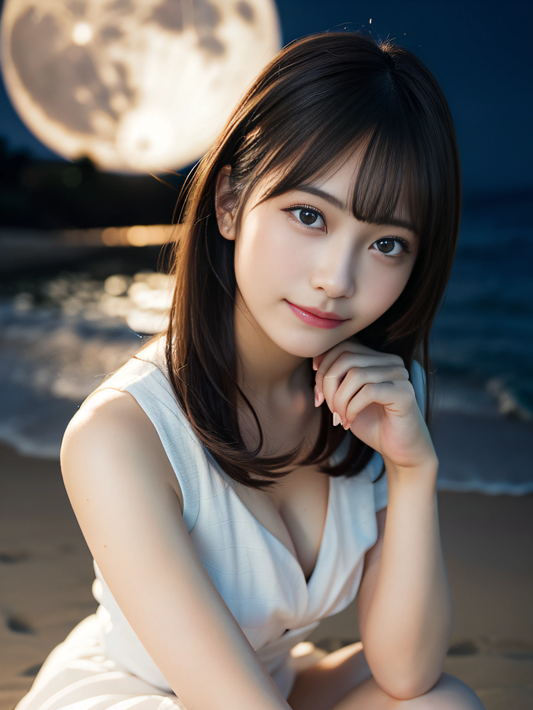 in 8K,Best Quality:1.4, 超A high resolution:1.5, (Photorealistic:1.4),​masterpiece:1.2,(top-quality:1.4)、 Raw photo、 (the background is blurred), sea side, sand beach, 1日本人の女の子, Cute, (Solo:1.4), (Shy smile), Smooth skin、White Dress、 (Brown medium hair,Bangs), (touch hair:1.4),nogizaka,,Supple fingertips,Beautiful black eyes、dual、natural skin textures:1.3, realistic eyes and face details:1.7、middlebreasts、Moon Night、Gravure Pose：1.1、Toned buttocks:1.5、gazing at viewer、harvest moon、fullmoon、illuminated by the moonlight、mystic atmosphere