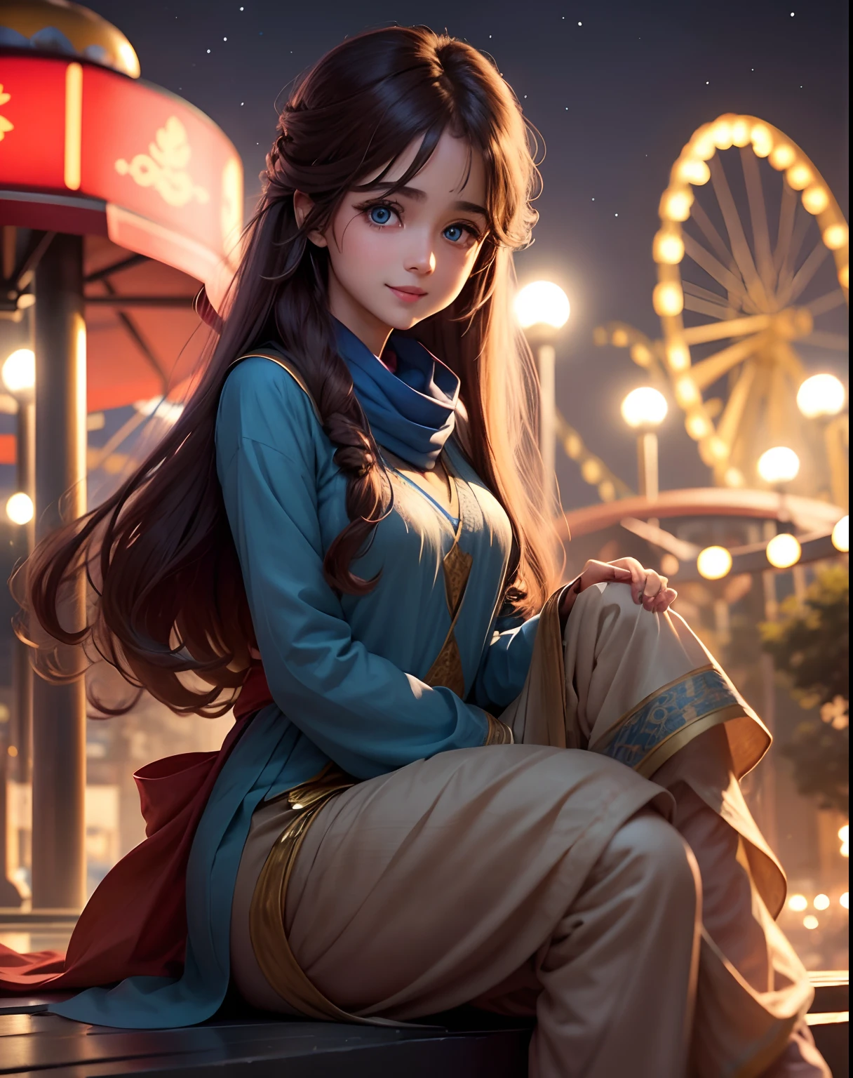 Cute girl blue eyes, long brown hairs, smooth face, Blue shalwar and kameez, red lipstick, beautiful hair style, smile on face, sitting on a roof in night and a full of light amusement park behind her