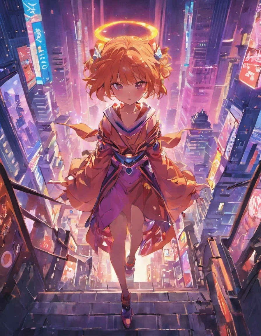 "Generate a vibrant and eye-catching anime-inspired artwork that showcases a futuristic cityscape at dusk, illuminated by neon lights, with a mysterious and heroic character standing on the edge of a skyscraper, gazing into the horizon, surrounded by flying vehicles and advanced technology."