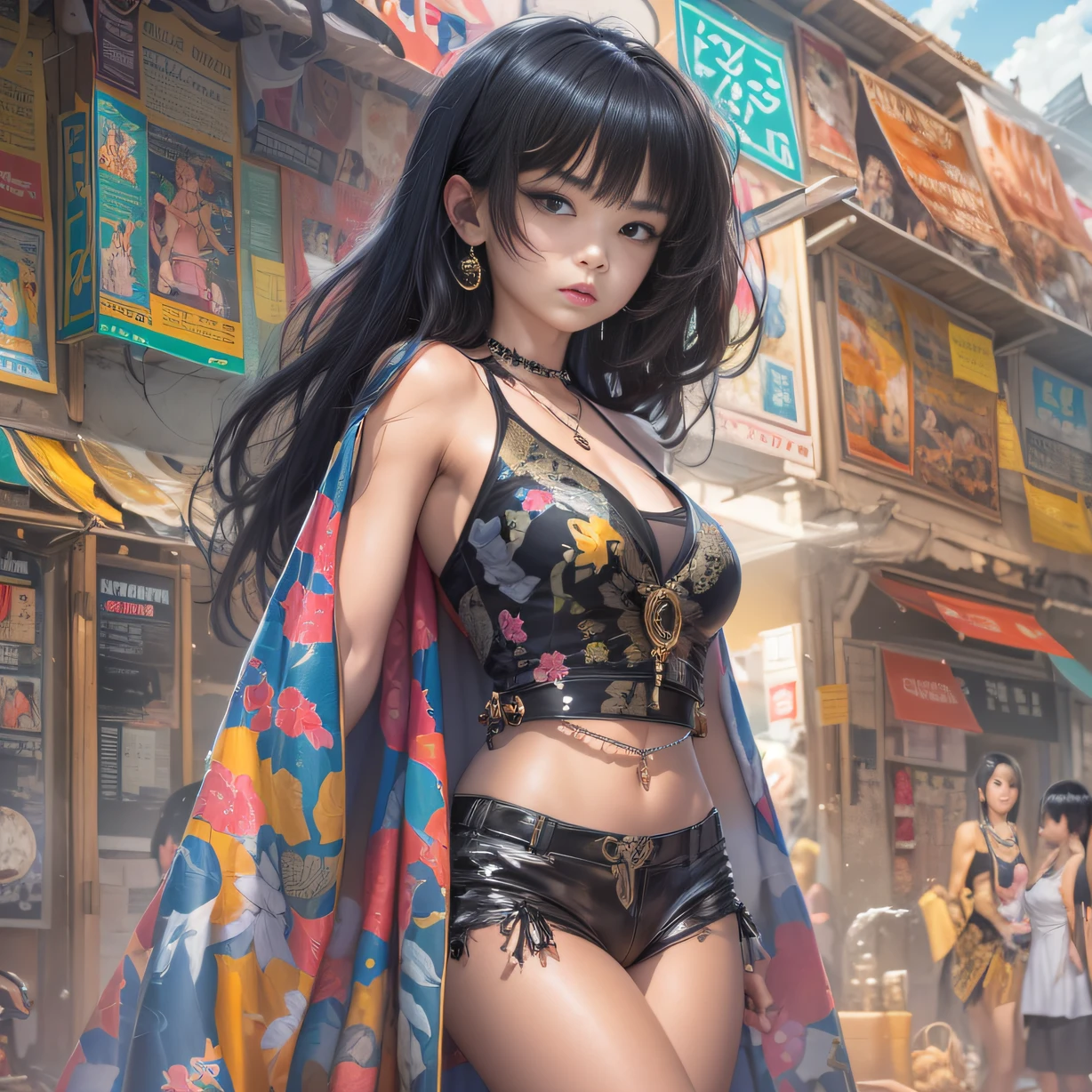 (Girl with bright black hair)(Best quality, A high resolution, Vivid colors, (Cartoon Goddess), (comic strip))Forged hammer pattern,Wear silver bikini fringed shorts and a tassel necklace
,oguchi,sedate,massiness,Shiny and warm,Flowing silk cape