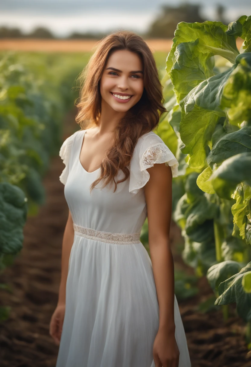 Young woman, vegetable plantation, hyper realistic, simple dress, sweet and smiling features, loose hair, sunny day.