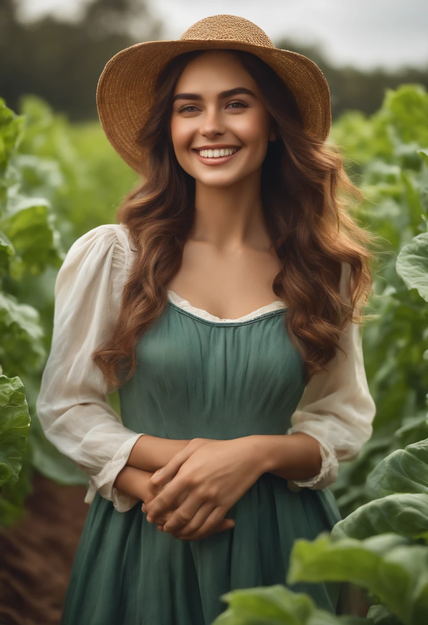 Young woman, vegetable plantation, hyper realistic, simple dress, sweet and smiling features, loose hair, sunny day.