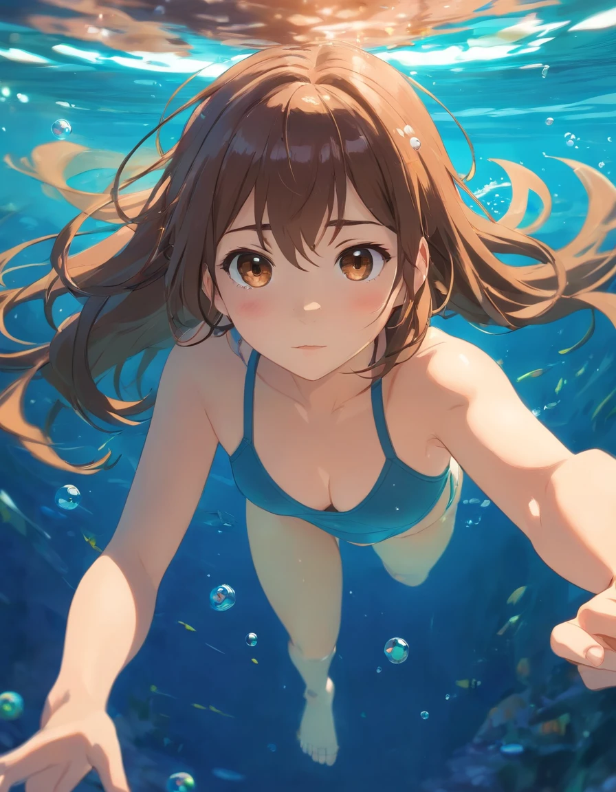 foreshortening, depth of field, masterpiece, best quality, 1girl, brown hair, brown eyes, long hair, underwater, air bubble, solo, looking at viewer, school swimsuit, swimming, dappled sunlight,