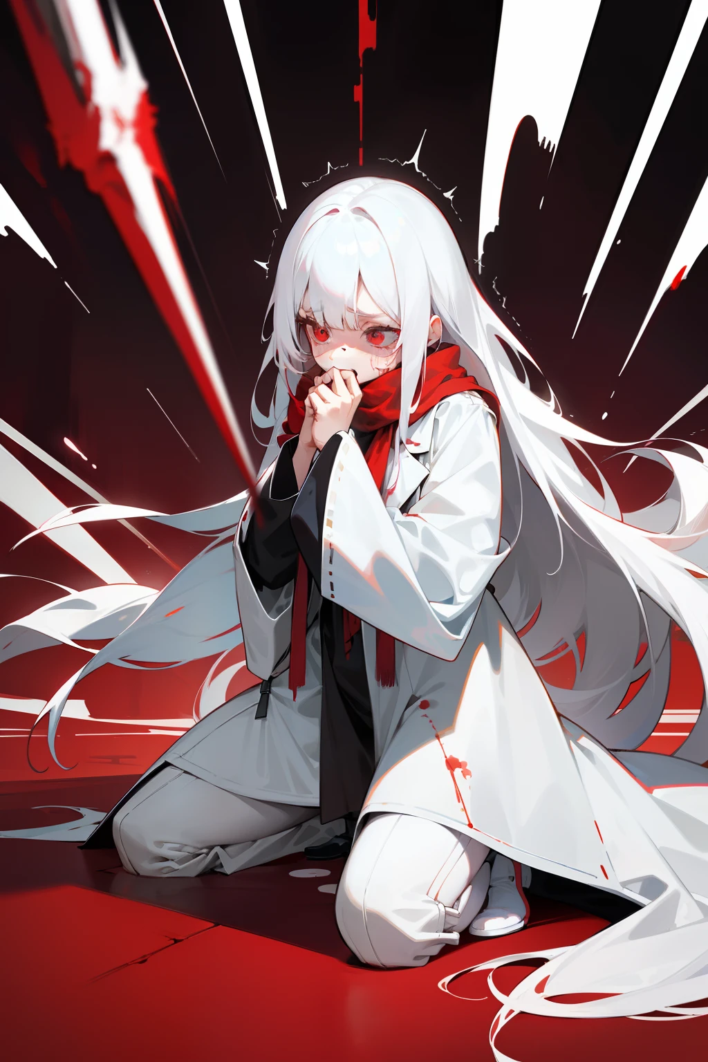  girl，red color eyes，long  white hair，Black shirt，White trench coat，Wide sleeves，Red scarf，style of anime，Cuts all over the body，blood stain，gasps，Roll your eyes，Stick out your tongue，Trembling and kneeling，Loss of consciousness，climaxing