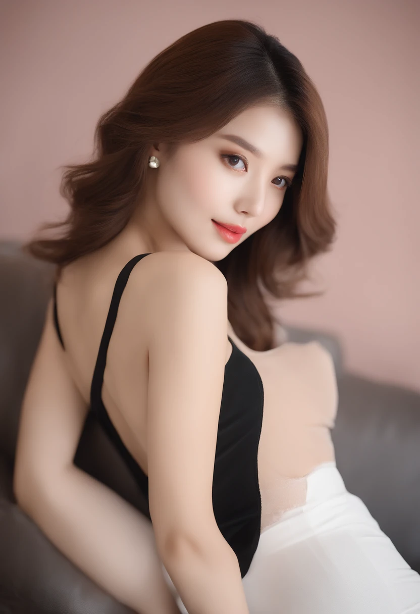 Woman wearing tights、Wearing tank top and floral white panties、Sit on the sofa、Cute and attractive woman、Beautiful woman about 20 years old、stunningly beautiful woman、Mature、Hair is shiny and brownish、Hair about waist length、Mature hairstyles、Each hair is delicate、Beautiful and attractive face、kawaii faces、The face of the masterpiece、The best beauties with a balanced face、Eyes are balanced between white and black eyes、Double and beautiful eyes、perfect eyes、attractive thick lips、Slightly pink lipstick、Five fingers of both hands very beautiful and clear fingertips、Head that fits in the frame、Photo from head to thigh、Angle from diagonally behind、Emphasis on the buttocks、 Balanced body、Amazingly elegant、close to perfection、Dynamic、The body is slender, but very erotic、smooth and beautiful body contours,、toned waist、Symmetrical and balanced body arrangement、Very large and glamour bust、Stylish room、The background is a night view、Realistic photo style、high-level image quality