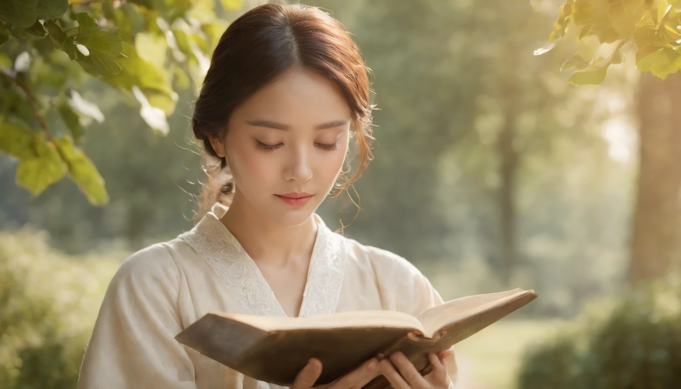 (Best Quality,Ultra-detailed,realisitic:1.37),portrait of a,Korean men and women reading the Bible,Oil Painting,Cathedral attire, View of the cathedral in the distance,Peaceful garden scene,Soft sunlight,tranquil expression,wisdom,Bible Quotes,vibrant colours,delicate brushwork,subtle textures,lush greenery,Contemplative atmosphere,Beautiful picture book,Highlighted features:Eyes in focus,gentle smiling,Graceful posture,Sunlight shining through the trees,rays,Quiet surroundings,serene ambiance,A Blessed Moment