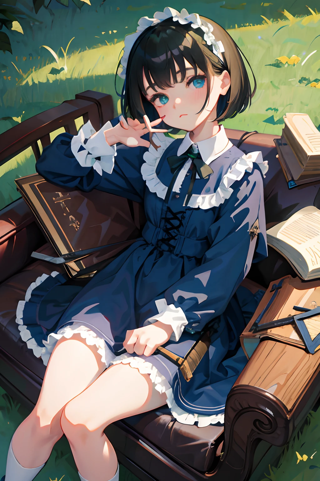 hand between legs,child,(masterpiece,Highest Quality),shortsleeves,Blue-green Gothic Lolita,Sleepy face,A dark-haired,Medium bob,utility knife