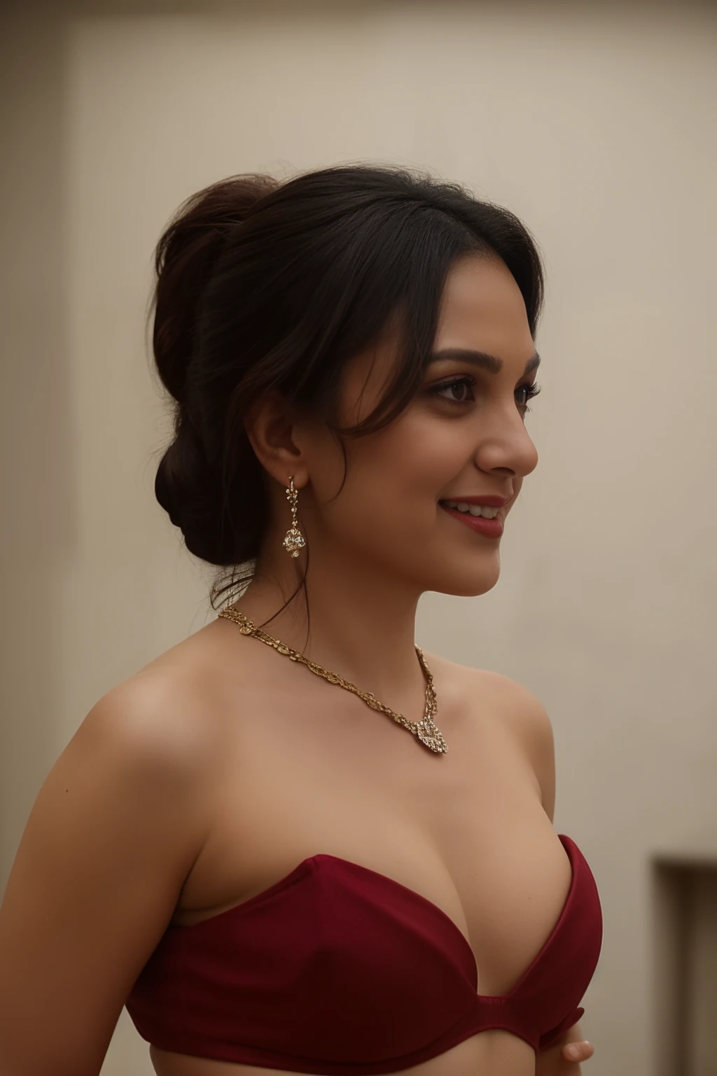 night scene, close up photo of indian from top view, hourglass figure, swooping breasts, deep cleavage, sexy navel, suspended in a hogtie bondage, tied with ropes and hanging to ceiling, off shoulder strapless cowl neck lace red saree and bra, deep cut neckline, perfect figure, ponytail hair, necklace, look at viewer and smile, (cinematic:1.3), intricate details, (ArtStation:1.2)