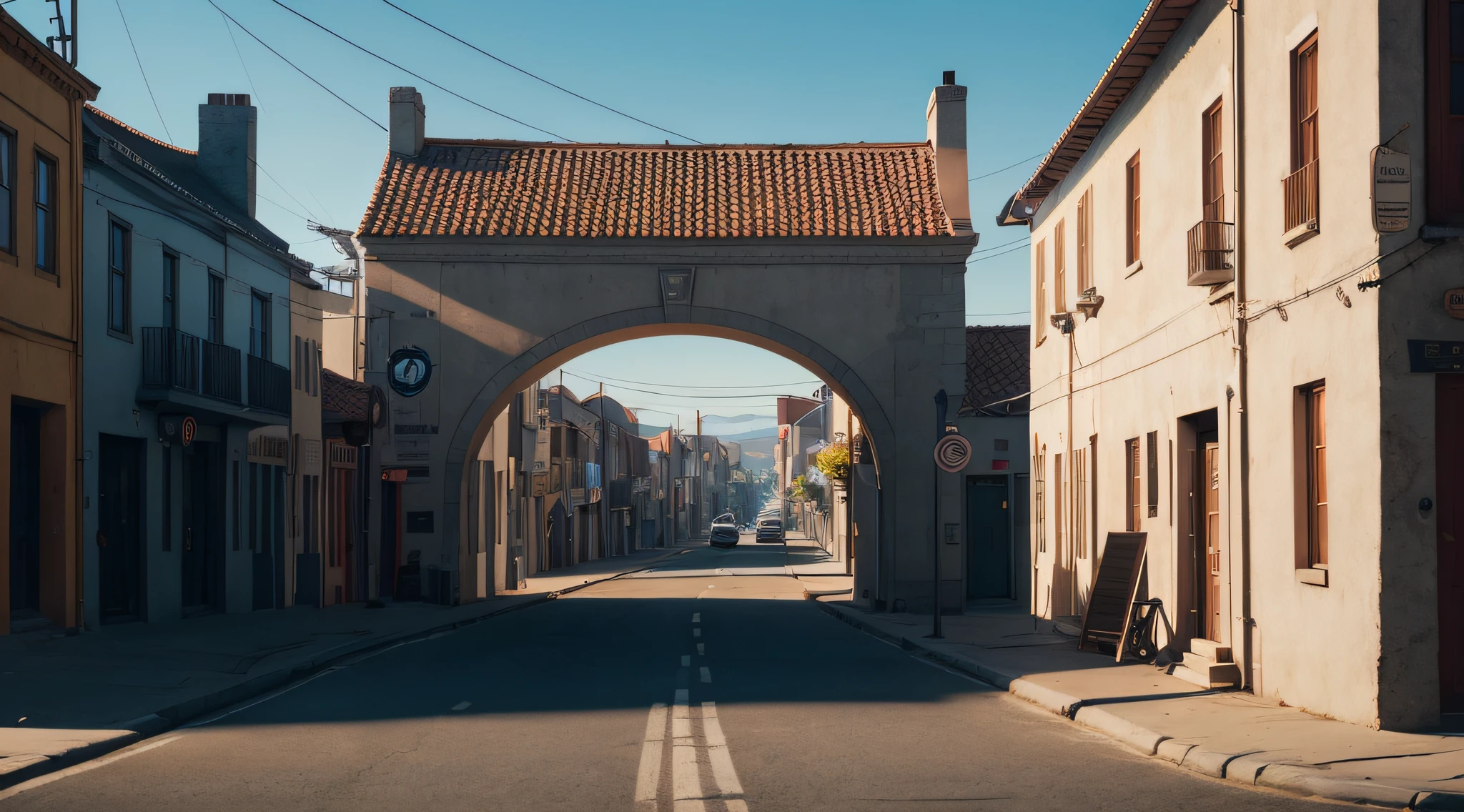 a small, simple town, charming, on a beautiful, sunny day, where time has not passed, without cars, with cinematic lighting, Unreal Engine 5, cinematic style, color grading, Editorial Photography, Photoshoot, captured using a 70mm lens, depth of field (DOF), Tilt Blur, 1/1000 shutter speed, aperture in F /22, White balance adjustments, Rendered at 32k resolution, Super-Resolution, ProPhoto RGB color space, masterpiece quality, ultra-realistic, photographic, 8k, Top-notch quality, and a dramatic atmosphere.