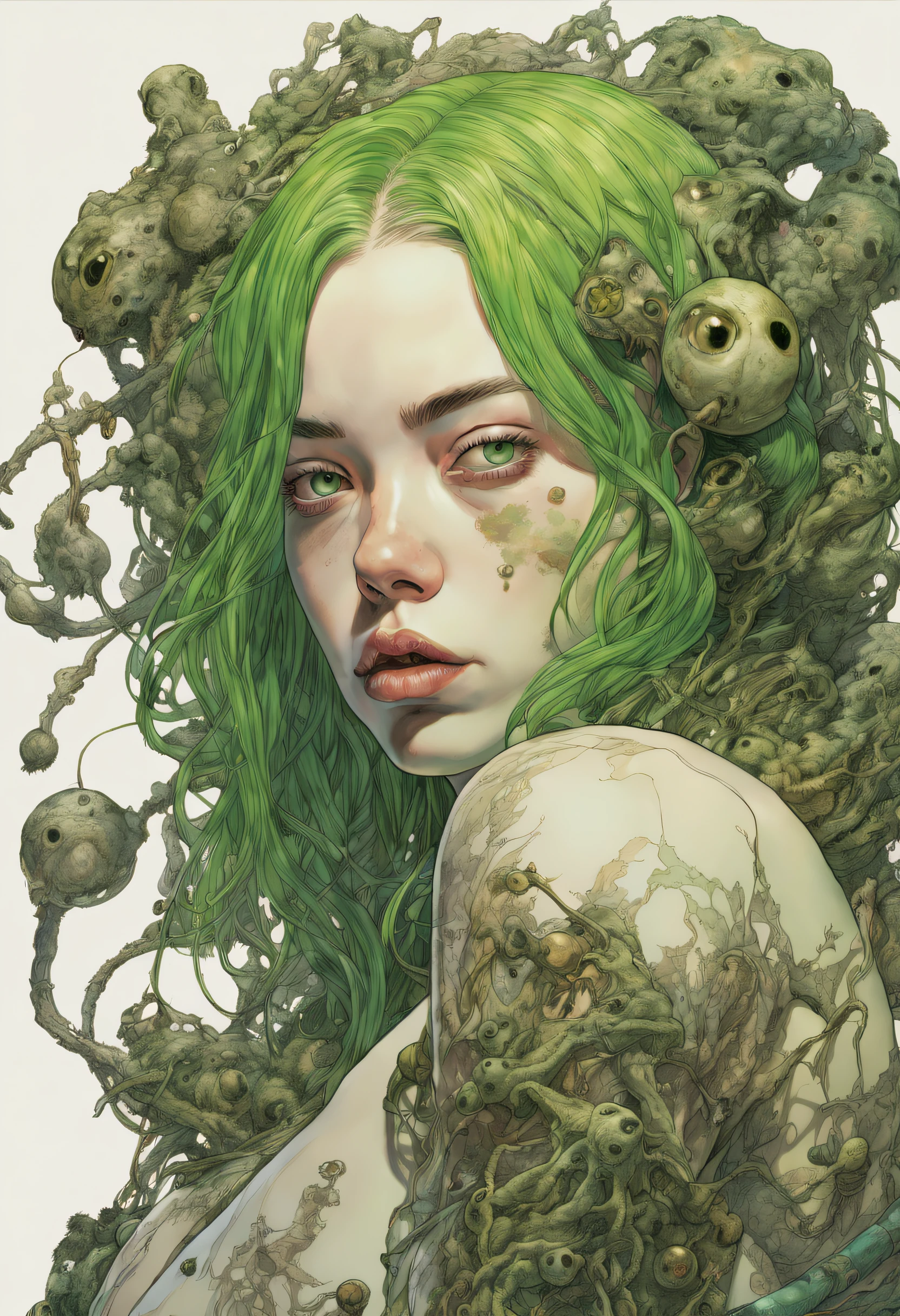 artwork by Katsuya Terada
8K, HD, intricate detailed masterpiece, Billie Eilish in a sexy bralles nude, pantyhoes, scales, roots, tights, Billie Eilish no bra, big boobs, transparent, nipples, glowing green eyes, green iris and black eye ball, medium shot, green hair, organic shapes, hard edges, anatomecly correct body, sentual sexy poce, hyper realistic, Billie Eilish elegant,cinematic lighting, highly detailed, intense colors, octane rendered Billie Eilish, surreal mood, award winning picture, glowing rich colors, iridiscent accents, dramatic shadows,dynamic and atmospheric lighting, anamorphic lens, sharp focus, 
intricate high detail masterpiece by Katsuya Terada, in the STYLE of Katsuya Terada