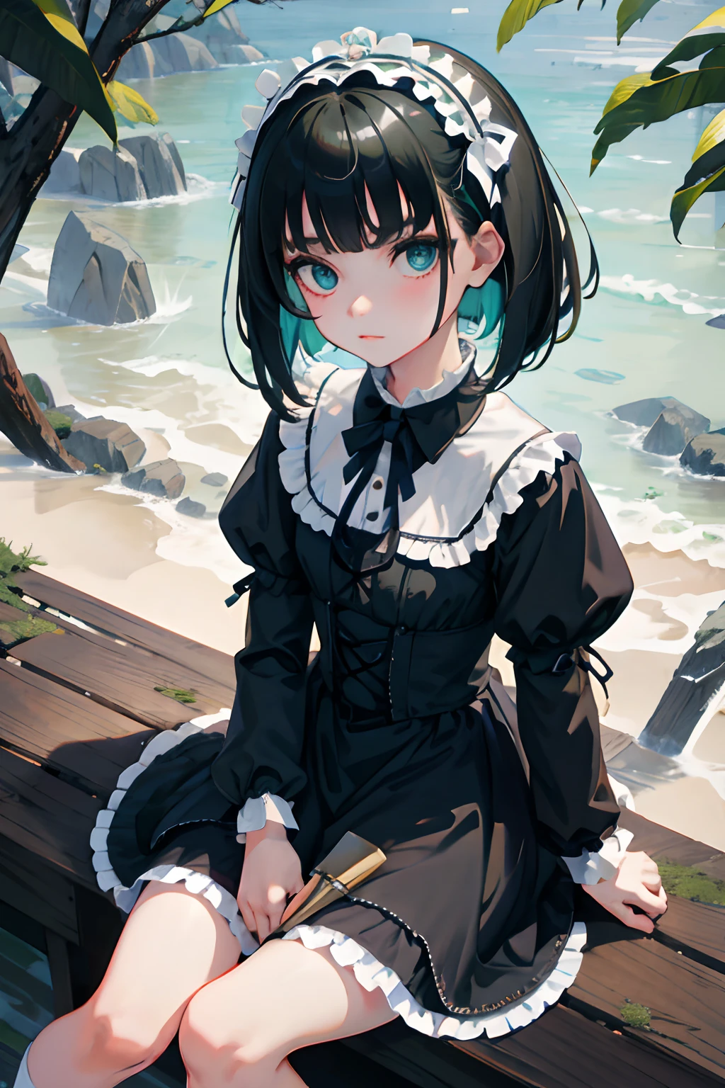 hand between legs,child,(masterpiece,Highest Quality),shortsleeves,Blue-green Gothic Lolita,Lowered eyebrows,drooing eyes,A dark-haired,Medium bob,utility knife