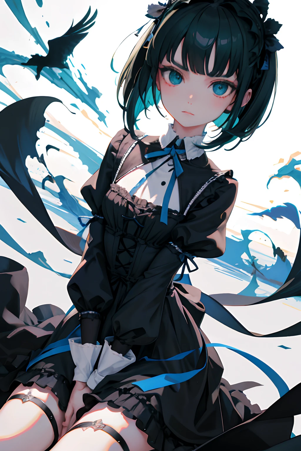 hand between legs,child,(masterpiece,Highest Quality),shortsleeves,Blue-green Gothic Lolita,Lowered eyebrows,drooing eyes,A dark-haired,Medium bob,utility knife