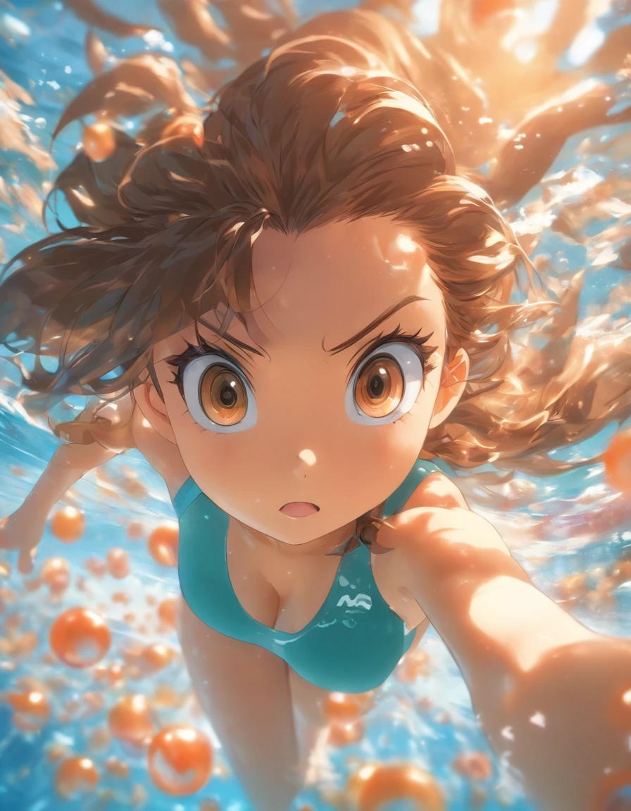 foreshortening, depth of field, masterpiece, best quality, 1girl, brown hair, brown eyes, long hair, underwater, air bubble, solo, looking at viewer, school swimsuit, swimming, dappled sunlight,
