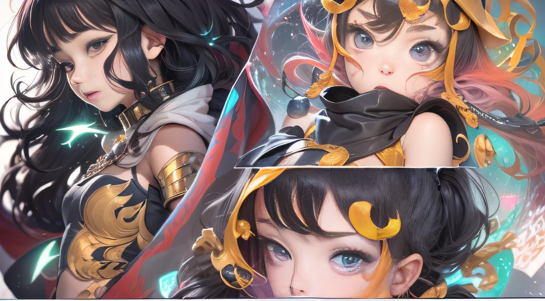 (Girl with bright black hair)(Best quality, A high resolution, Vivid colors, (Cartoon Goddess), (comic strip))Forged hammer pattern，belly-bar，Silk flowing cape，oguchi，sedate，massiness，Shiny and warm
