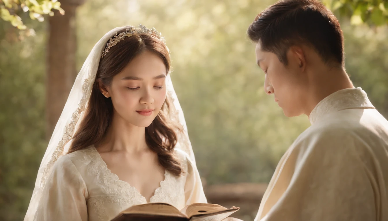 (Best Quality,Ultra-detailed,realisitic:1.37),portrait of a,Korean men and women reading the Bible,Oil Painting,Cathedral attire, View of the cathedral in the distance,Peaceful garden scene,Soft sunlight,tranquil expression,wisdom,Bible Quotes,vibrant colours,delicate brushwork,subtle textures,lush greenery,Contemplative atmosphere,Beautiful picture book,Highlighted features:Eyes in focus,gentle smiling,Graceful posture,Sunlight shining through the trees,rays,Quiet surroundings,serene ambiance,A Blessed Moment