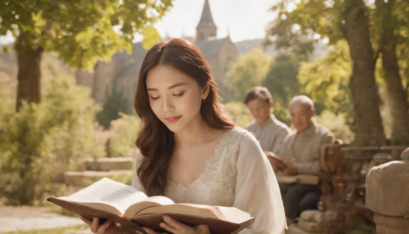 (Best Quality,Ultra-detailed,realisitic:1.37),portrait of a,Korean men and women reading the Bible,Oil Painting,Cathedral attire, View of the cathedral in the distance,Peaceful garden scene,Soft sunlight,tranquil expression,wisdom,Bible Quotes,vibrant colours,delicate brushwork,subtle textures,lush greenery,Contemplative atmosphere,Beautiful picture book,Highlighted features:Eyes in focus,gentle smiling,Graceful posture,Sunlight shining through the trees,rays,Quiet surroundings,serene ambiance,A Blessed Moment
