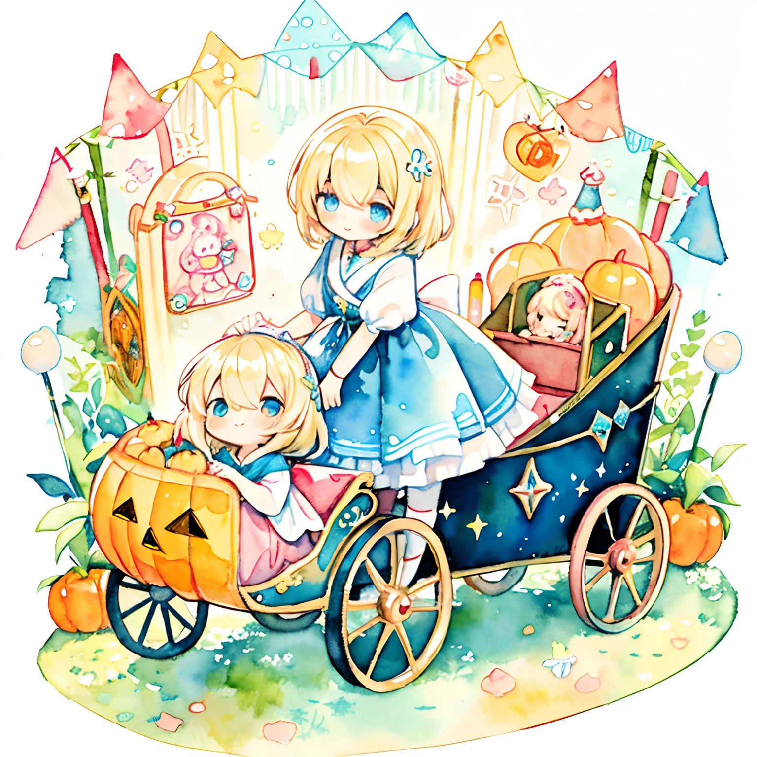 (PastelColors:1.5)、(Cute illustration:1.5)、(watercolor paiting:1.2)、hair between eye、Dance hall、girl with、full body Esbian、facing front、Cinderella motif、smil、Looks fun、Innocence、Blonde-haired Cinderella、Looks fun、Innocence、Cinderella and the Little Wizard、Glass shoes、Red carpet、Light blue dress、squash、Pumpkin carriage、magia、kirakira、A wizard casts a spell
