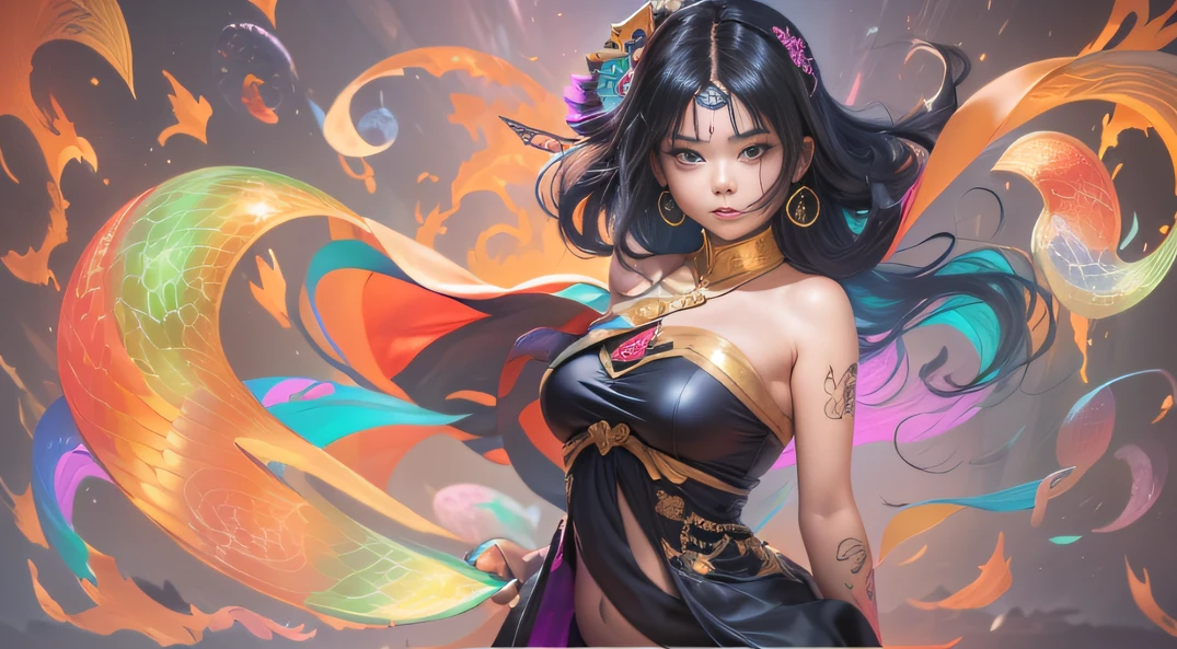 (Girl with bright black hair)(Best quality, A high resolution, Vivid colors, (Cartoon Goddess), (comic strip))Forged hammer pattern，belly-bar，Silk flowing cape，oguchi，sedate，massiness，Shiny and warm