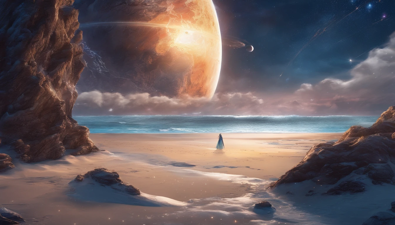 huge planet, the night, starrysky, surrealism, masutepiece, hight resolution、Impressive Milky Way:1.9、sand beach、Vast blue ocean、Blue glacier、lightning bolt:1.9、Protoplanets、Beautuful Women