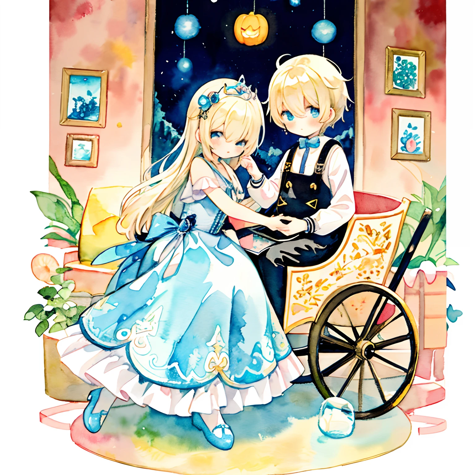 (PastelColors:1.5)、(Cute illustration:1.5)、(watercolor paiting:1.2)、hair between eye、Dance hall、girl with、full body Esbian、facing front、Cinderella motif、smil、Looks fun、Innocence、Blonde-haired Cinderella、Looks fun、Innocence、Cinderella and the Little Wizard、Glass shoes、Red carpet、Light blue dress、squash、Pumpkin carriage、magia、kirakira、A wizard casts a spell