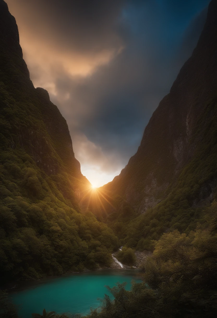 ultra-wide-angle,CG Screen,A mountain rises,Below it is a bottomless abyss,Countless lights and shadows emerged above the abyss,Stick to the ground,magnifica,k hd,4K,Dark style,Epic picture