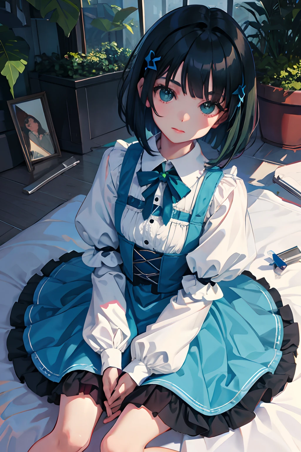 hand between legs,,(masterpiece,Highest Quality),shortsleeves,Blue-green Gothic Lolita,A dark-haired,Medium bob,utility knife