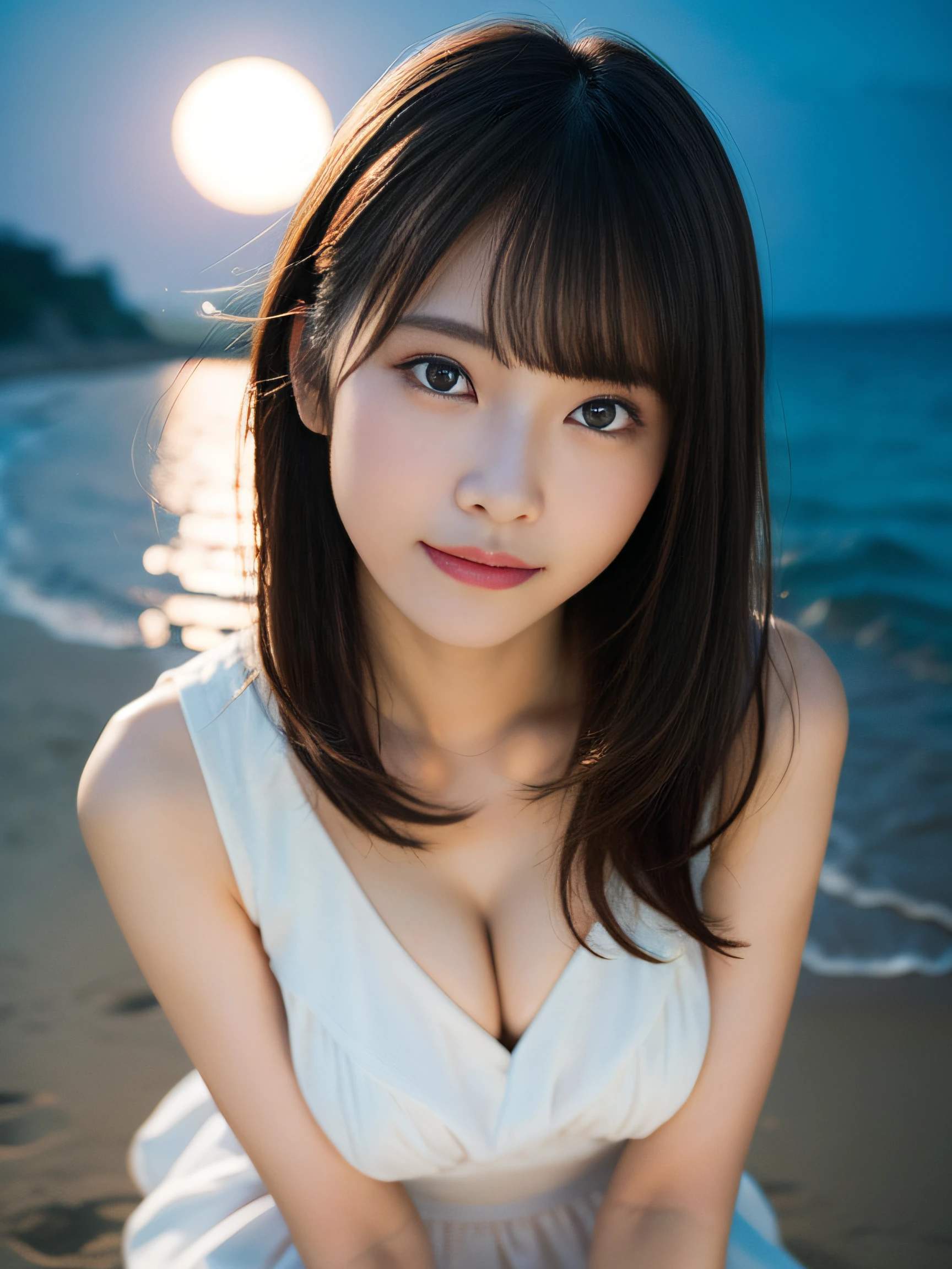 in 8K,Best Quality:1.4, 超A high resolution:1.5, (Photorealistic:1.4),​masterpiece:1.2,(top-quality:1.4)、 Raw photo、 (the background is blurred), sea side, sand beach, 1日本人の女の子, Cute, (Solo:1.4), (Shy smile), Smooth skin、White Dress、 (Brown medium hair,Bangs), (touch hair:1.4),nogizaka,,Supple fingertips,Beautiful black eyes、dual、natural skin textures:1.3, realistic eyes and face details:1.7、middlebreasts、Moon Night、Gravure Pose：1.1、Toned buttocks:1.5、gazing at viewer、harvest moon、fullmoon、illuminated by the moonlight、mystic atmosphere、Fantastical