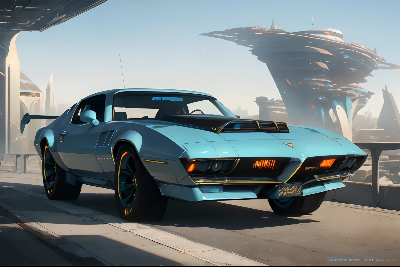 Fantasy, ((Futuristic architecture)), ((In the style of Greg Rutkowski)), (Advanced technology), ((retrofuturism)): A supersonic Pontiac Firebird Trans Am, with a retro 70's-inspired design, soaring through a futuristic cityscape. Sleek and curvy lines of the vehicle coupled with advanced propulsion technology create a unique blend of old and new.