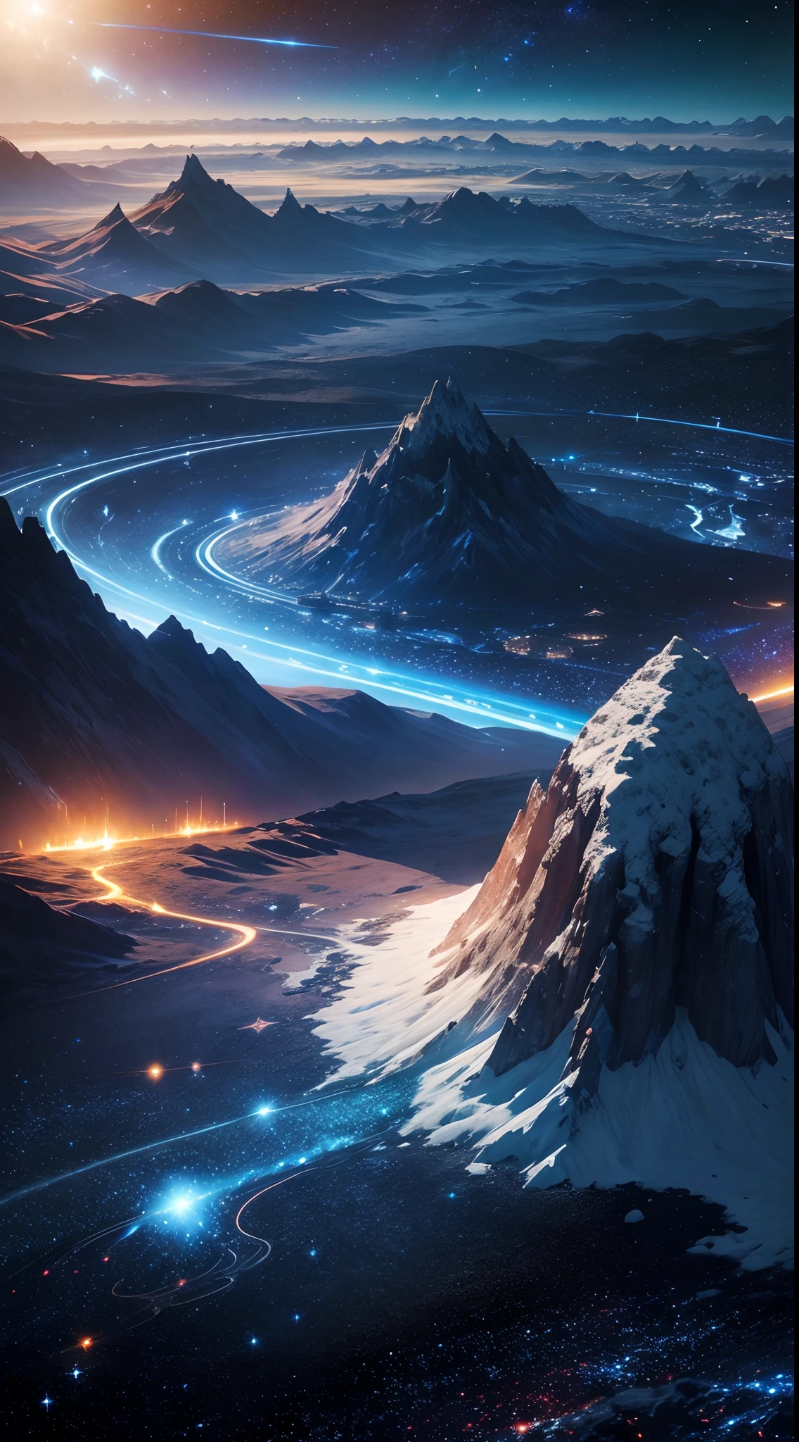 Scifif-Sternenstation auf dem Mond,4K, Blaues Feuer, (((Galaxie))) ,Riesige Stadt,Stadt auf dem Berg,Landschaft